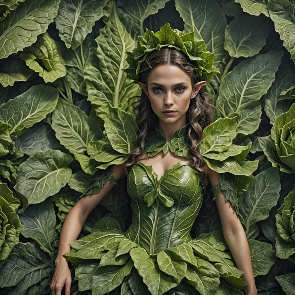 Elf Woman in Lettuce Dress, Hyperrealistic Image