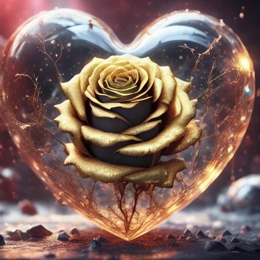 <lora:Epic roses:1.0> an epic crystal heart with a golden rose inside, chiaroscuro, glitter, sparks, 16k resolution phot...