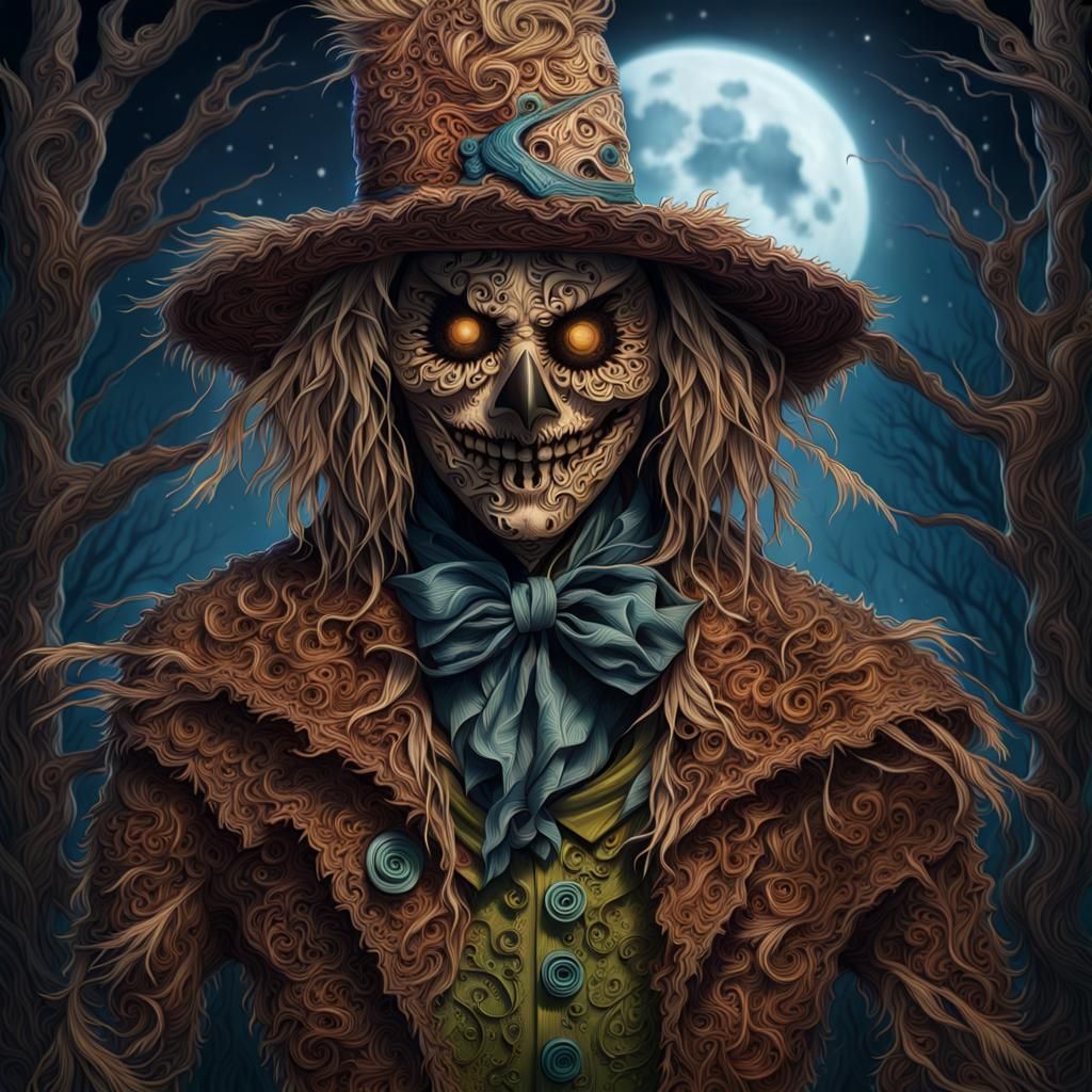Scary Scarecrow Portrait in Forest, Digital Art