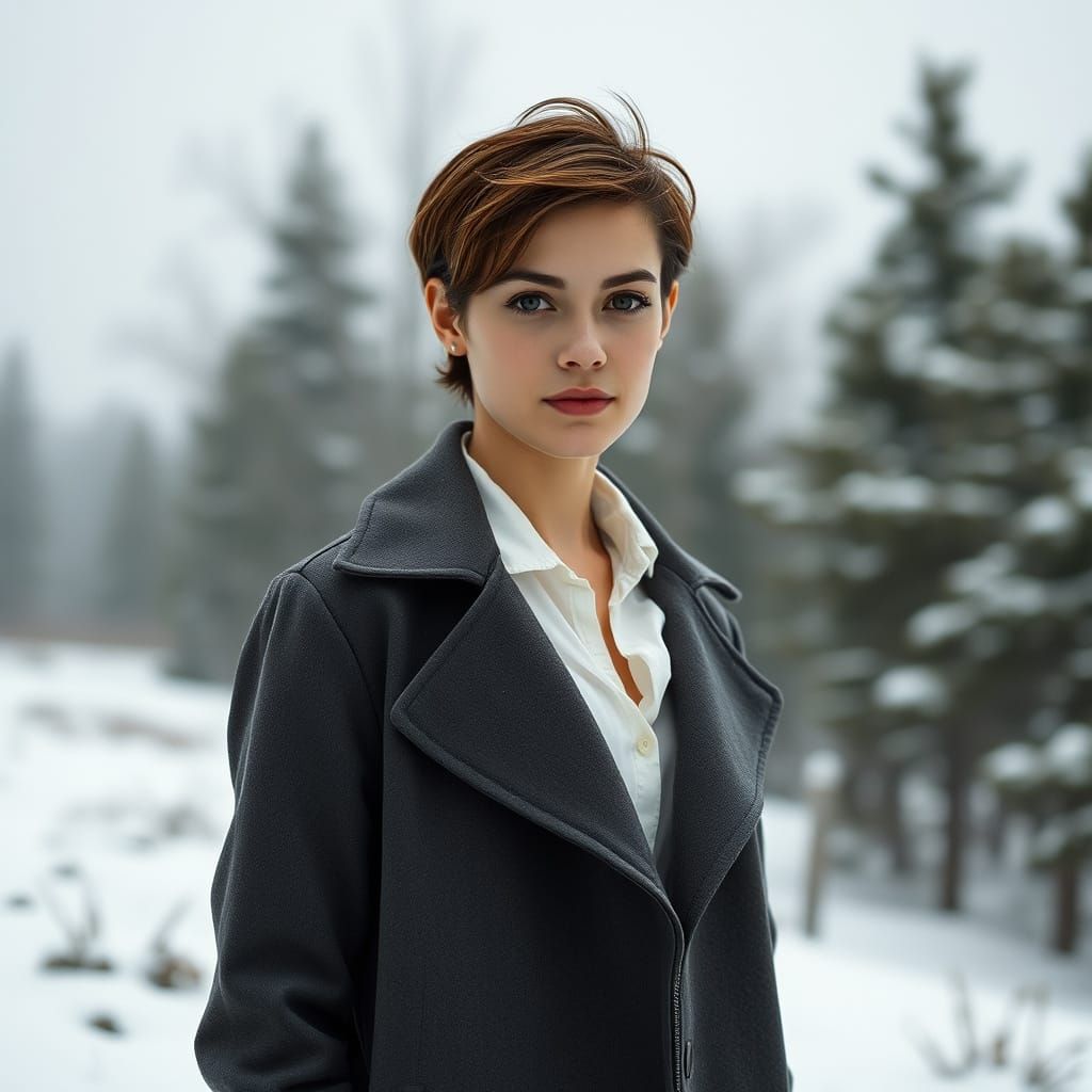 Cinematic Portrait of Woman in Snowy Landscape