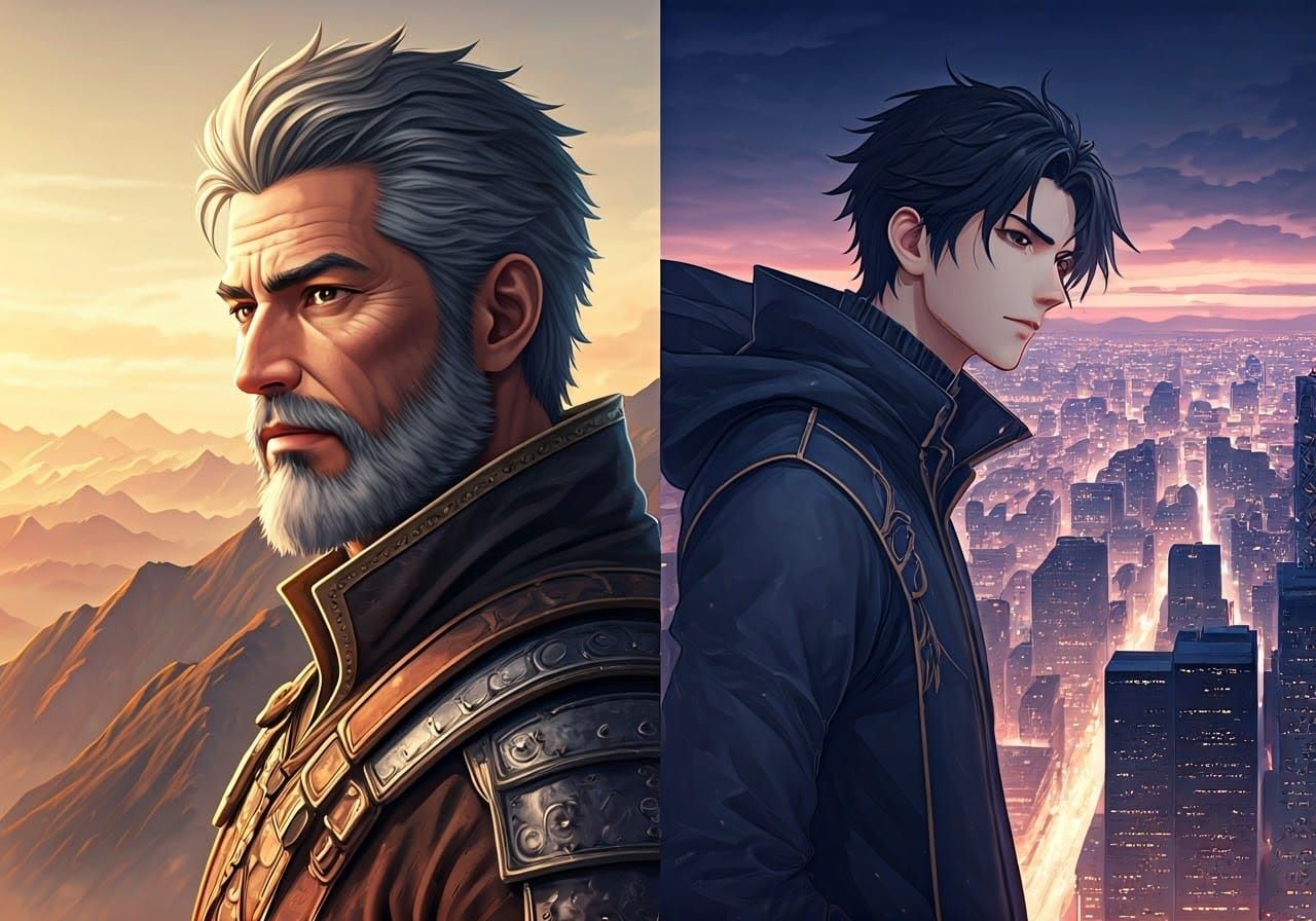 Split-Screen Anime Scene: Daylit Mountain vs Nightlit City