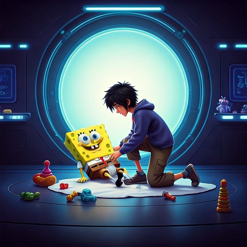 Hiro Hamada Changes SpongeBob's Diaper in Futuristic Nursery