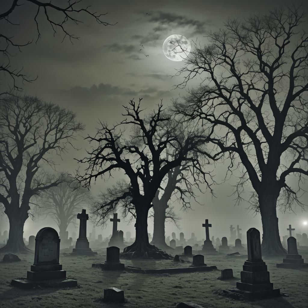 Haunting Graveyard Scene at Midnight with Ghostly Apparition...