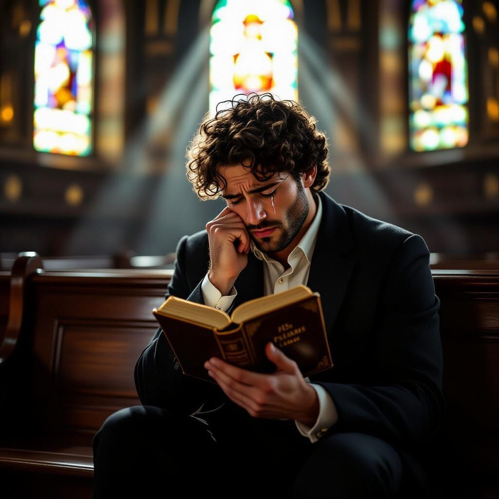 Man Cries in Synagogue Holding Psalms Book