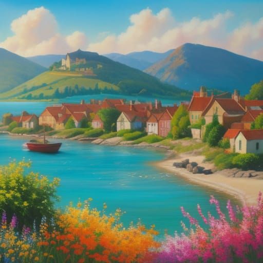 Vivid Oil Painting of a Sunny Lakeside Village
