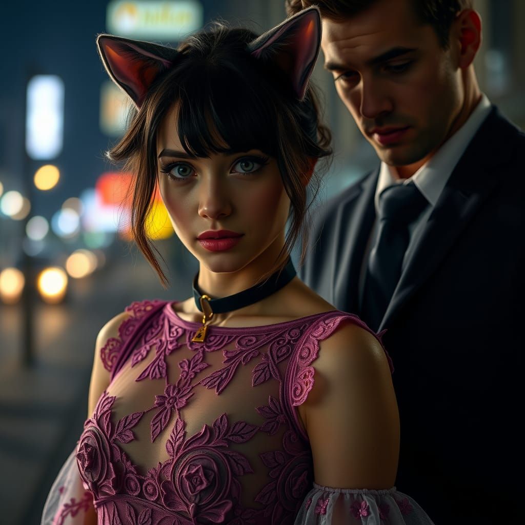 Woman in Pink Dress with Cat Ears Portrait
