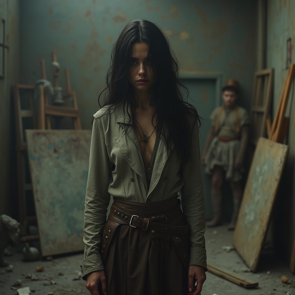 Mysterious Artistic Character in Dimly Lit Studio