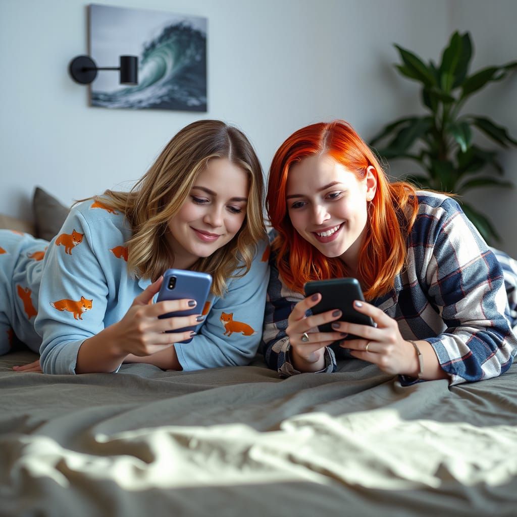 Two Women Relaxing on Bed with Smartphones