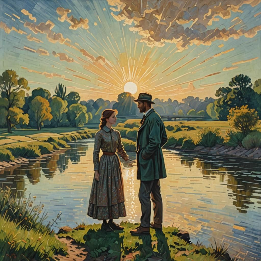 Riverside Silhouette in Post-Impressionistic Style