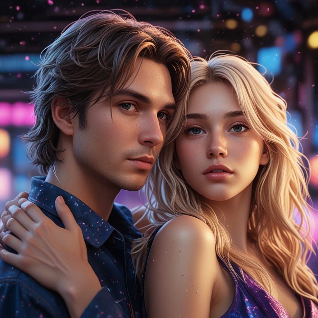 Glowing Galaxy Embracing Couple in Hyper-Realistic Anime Sty...