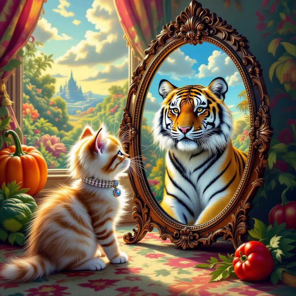 Surreal Kitten and Tiger in Dreamlike Victorian Room
