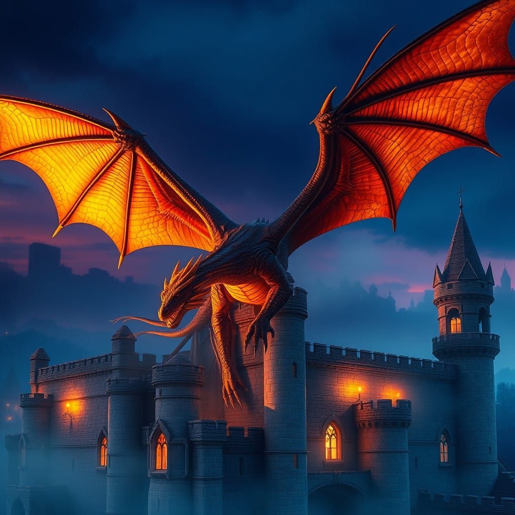 Dragon Soars Over Medieval Castle at Twilight