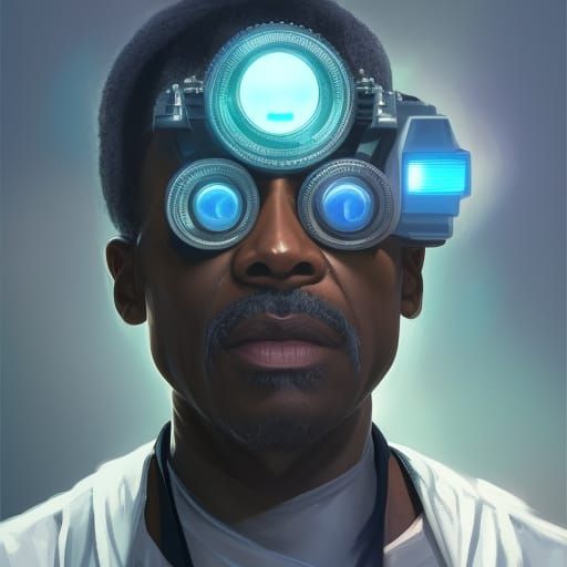 Sci-Fi Portrait of an Older Man with Monocular Device
