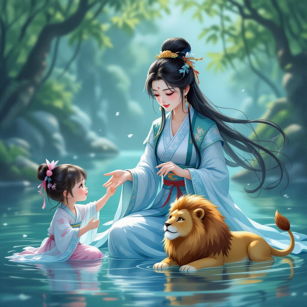 Mythological Water Spirit Playing With Girl and Lion