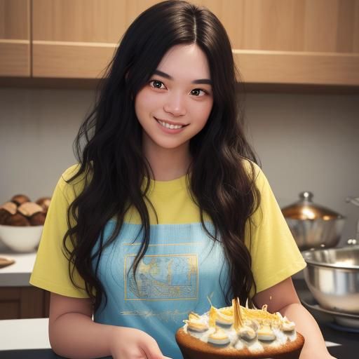 Smiling Girl Surrounded by Treats in Hyperrealistic Style