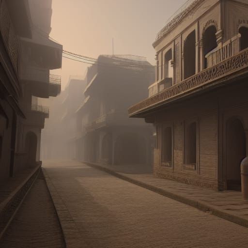 Misty Karachi Street Scene in 1880s Style