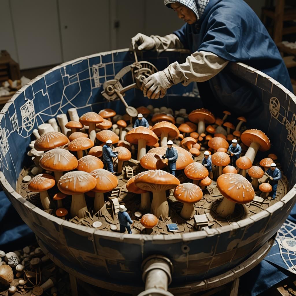 Linocut Sculpture: Workers Tending Giant Mushrooms