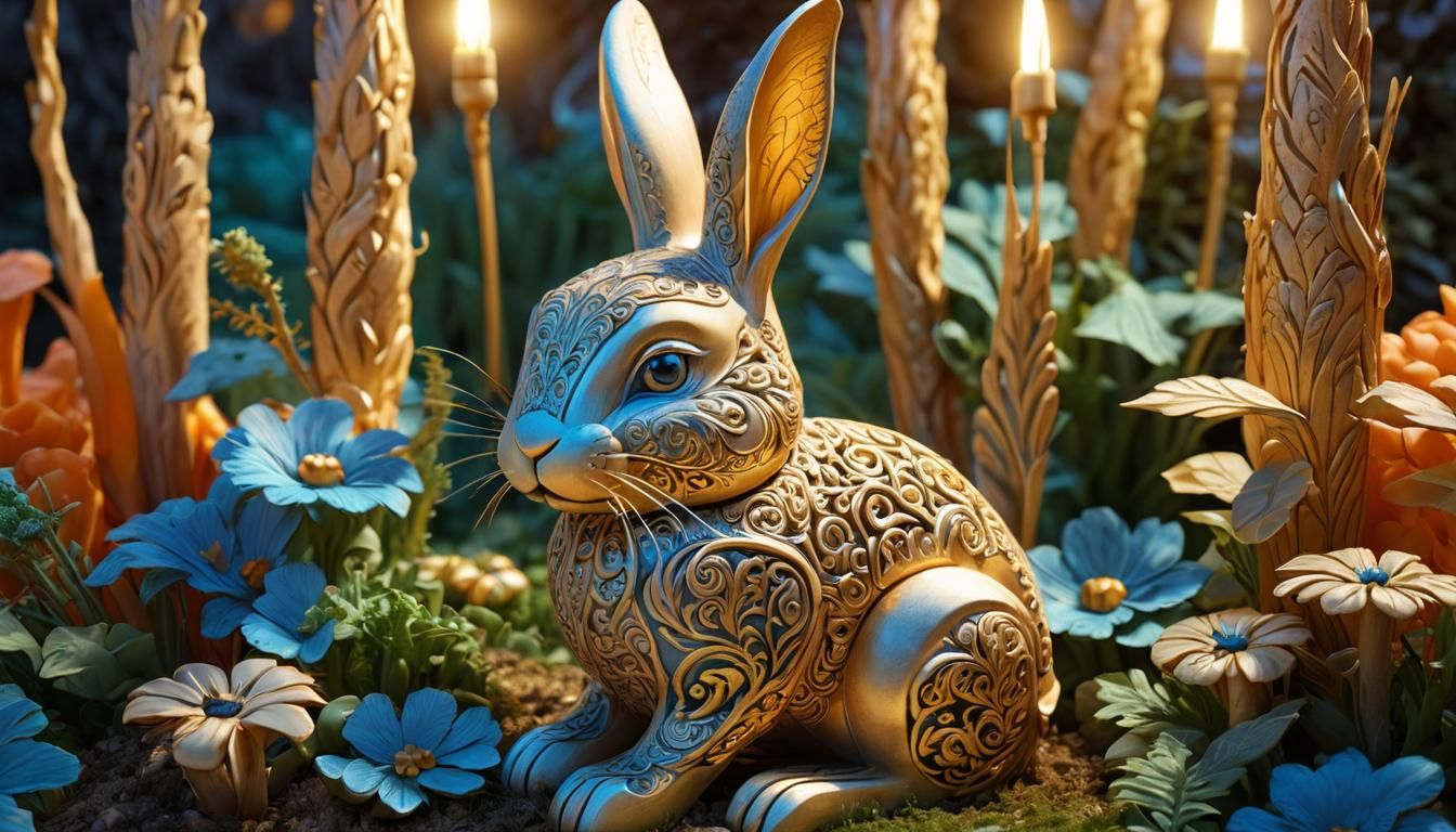 Magical Wooden Rabbit in a Carrot Garden