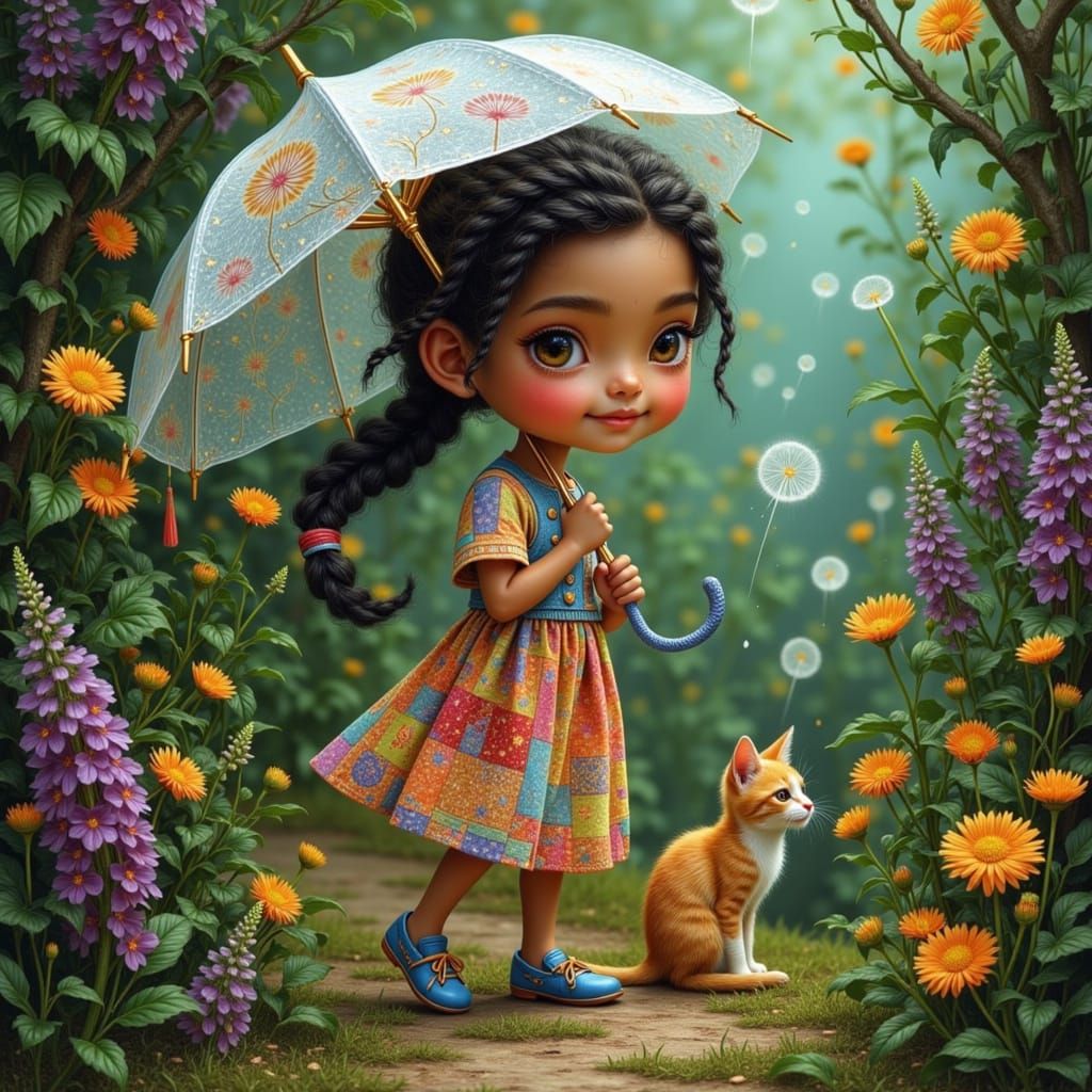 Girl with Dandelion Umbrella and Cat in Enchanted Forest