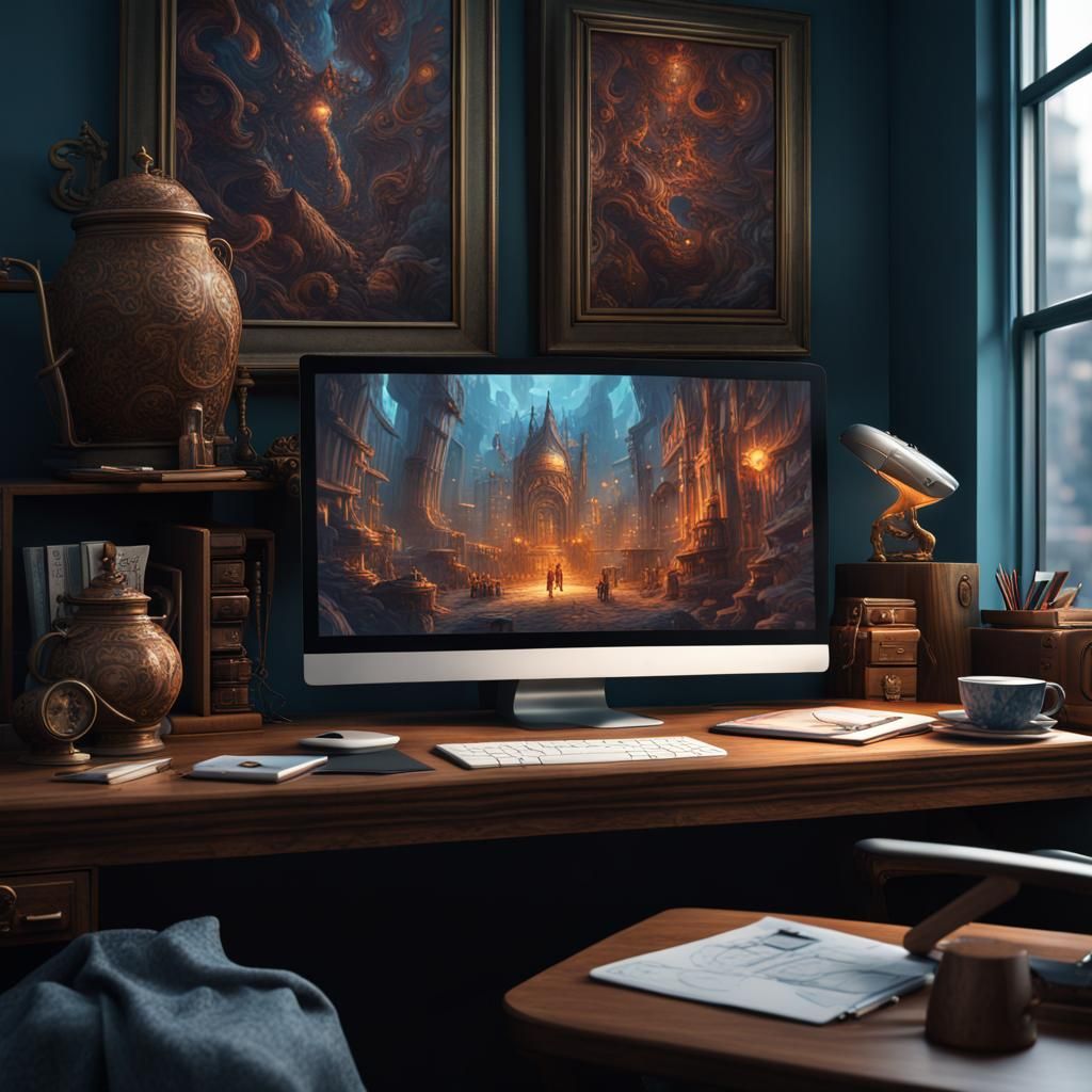 Contemporary Desk with Mug and Phone in Matte Painting