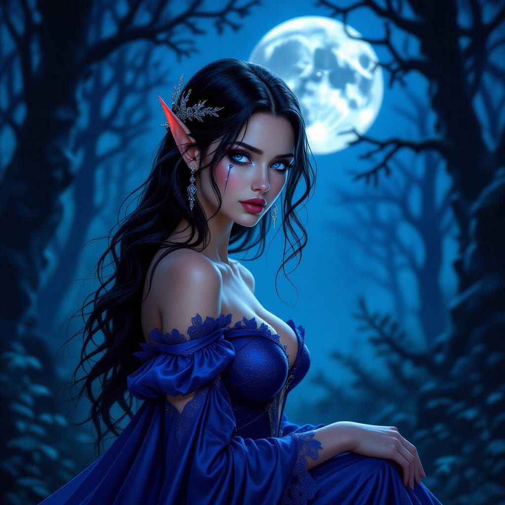 Elf Princess in Dark Forest Under Moonlit Sky