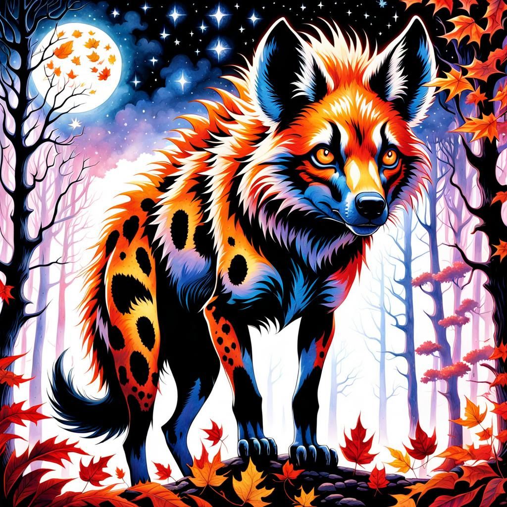 Gothic Hyena in Autumnal Watercolor Landscape