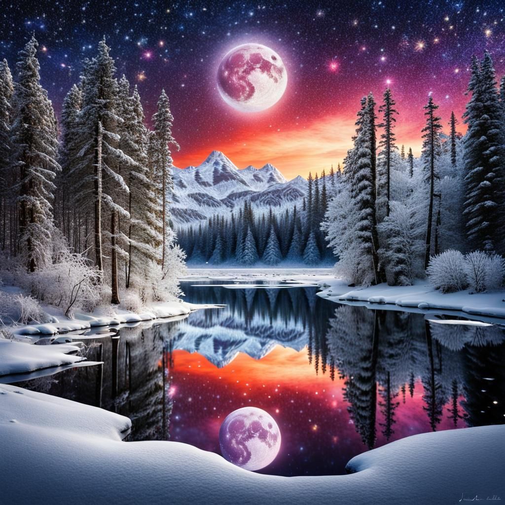 Magical Winter Forest Merged with Starry Galaxy