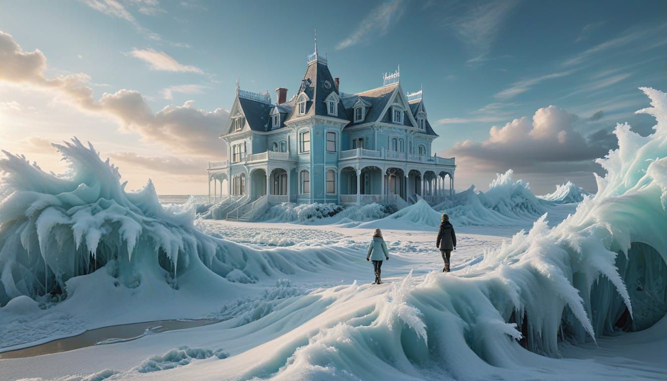 Surreal Winter Wonderland with Children Climbing Frozen Wave...