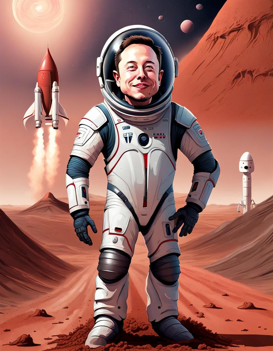 Elon Musk Conquers Mars: Humorous Caricature