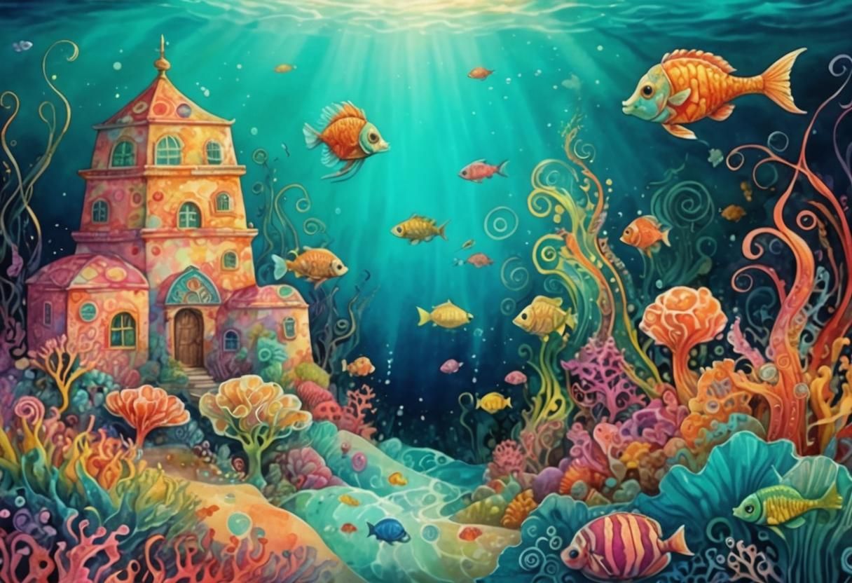 Whimsical Seahorse and Fish in Watercolor Comic Art