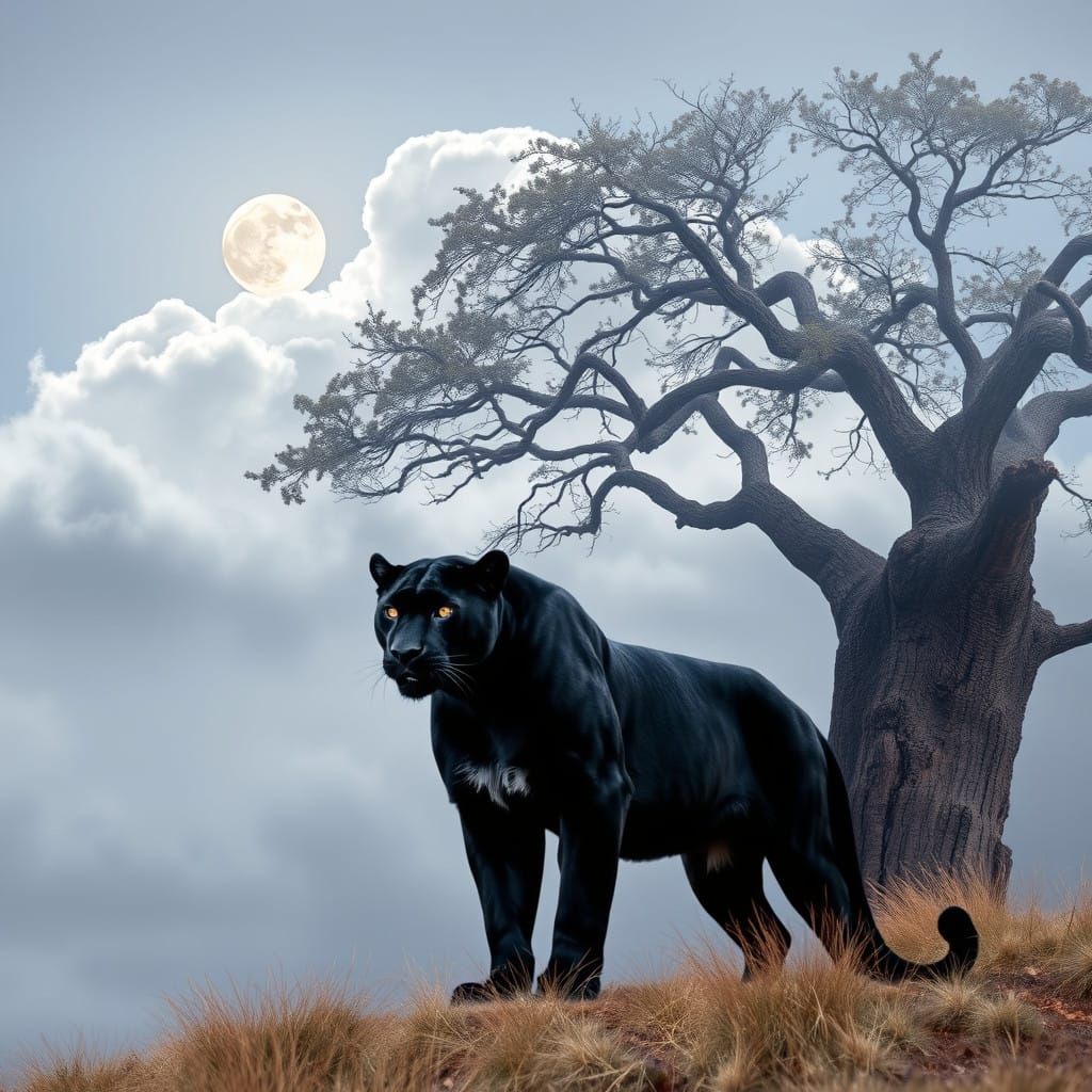 Moonlit Serene Scene with Regal Panther and Soft Clouds