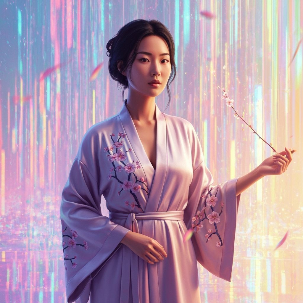 Asian Woman in Flowing Robes: Neon Futurism Art