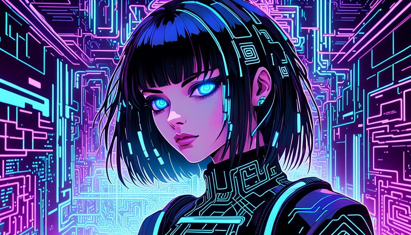 Cyberpunk Anime Girl in Neon-Lit Futuristic World