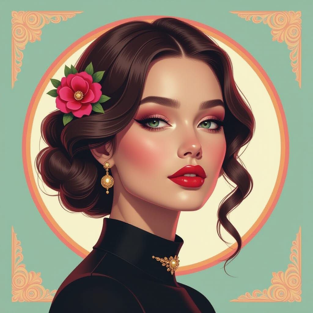Vibrant Portrait with Art Nouveau and Neon Accents