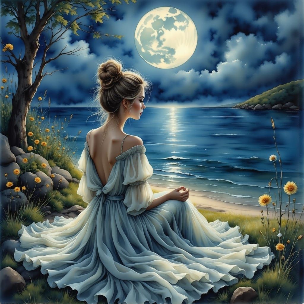Ethereal Woman by Moonlight in Romantic Painterly Style