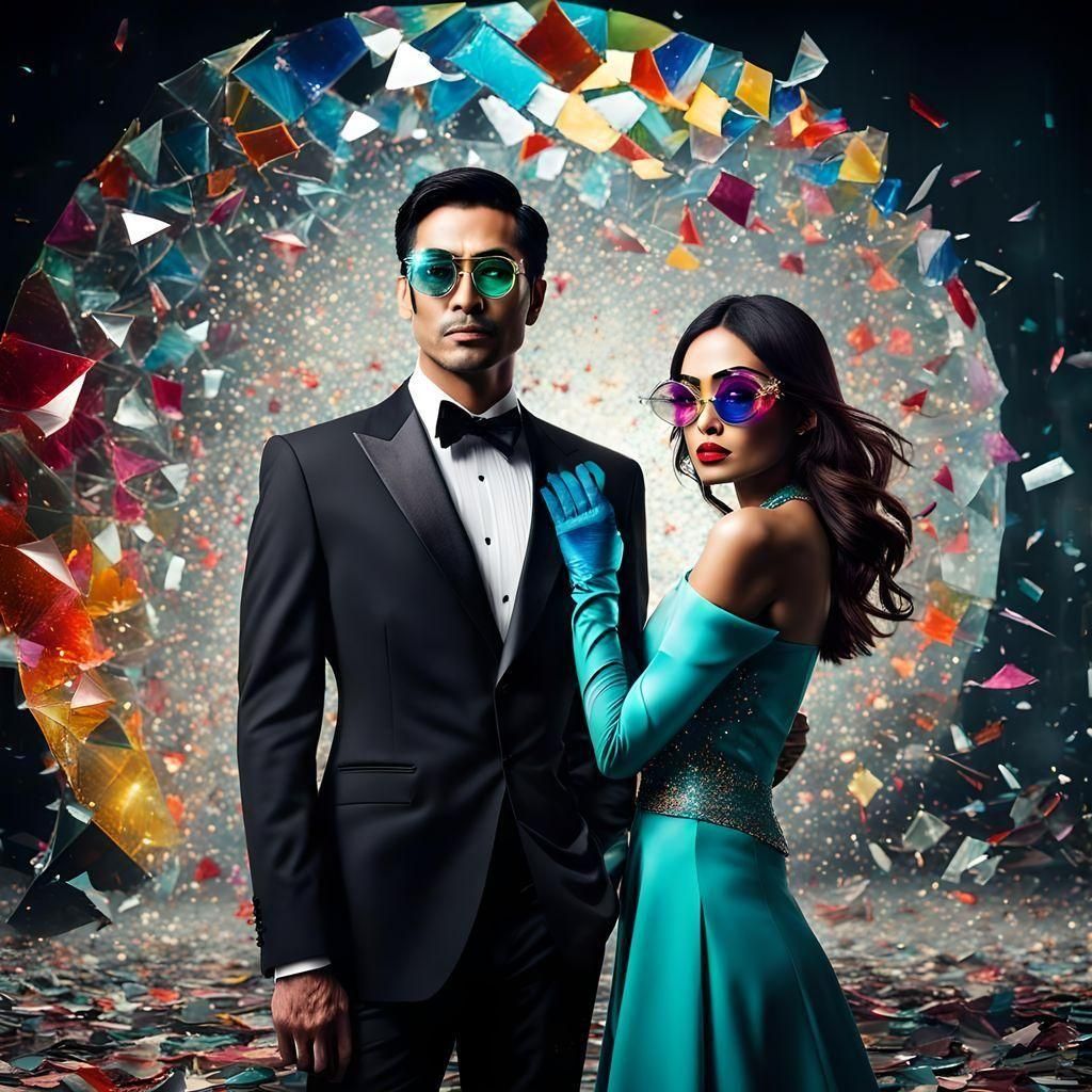 Stylish Couple in Spotlight with Shattered Glass