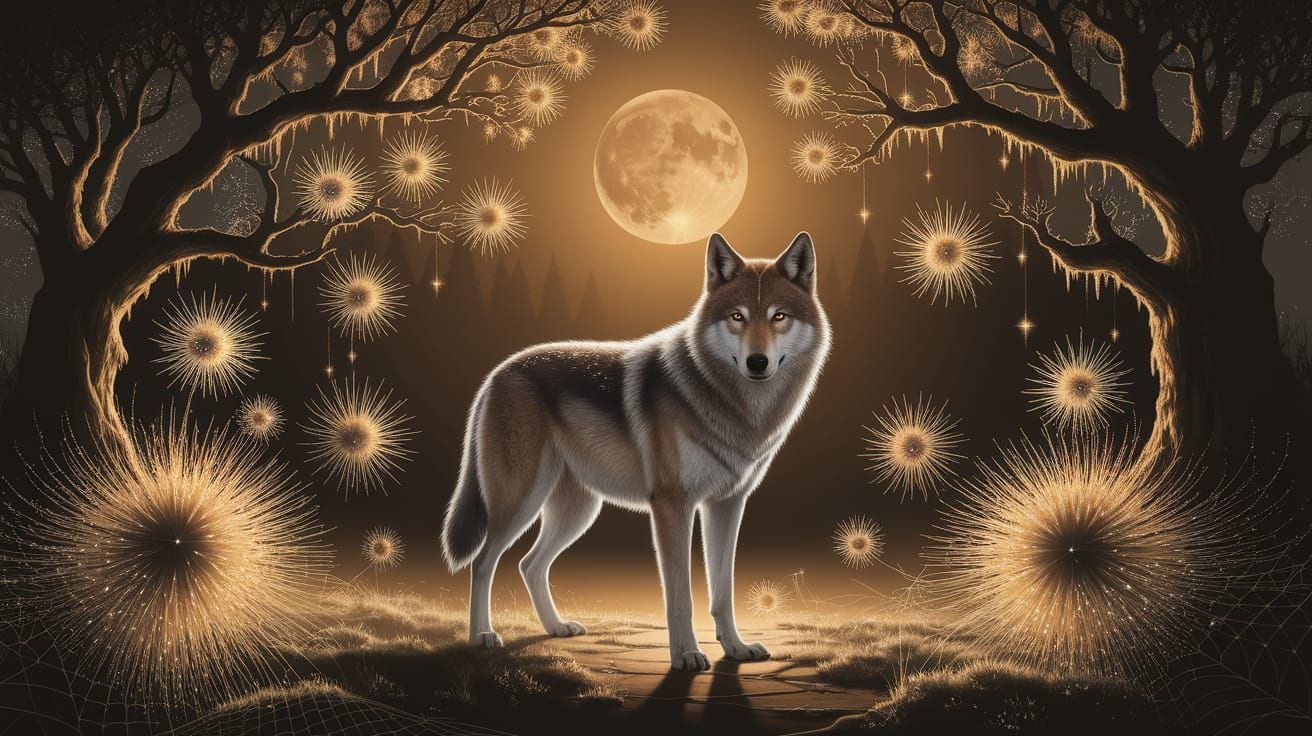 Majestic Wolf of Spider Silk in Moonlit Forest