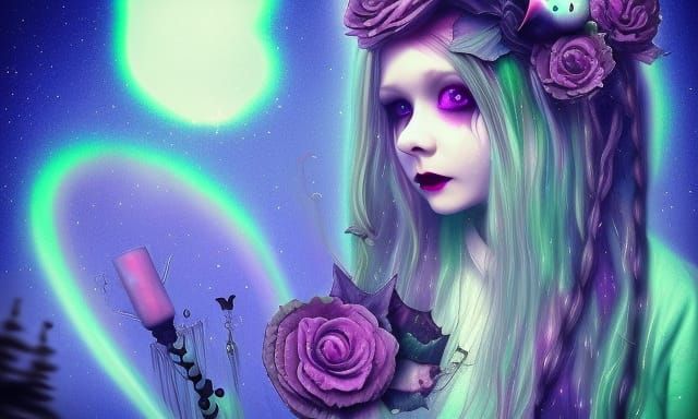 Gothic Winter Cityscape with Aurora Lights