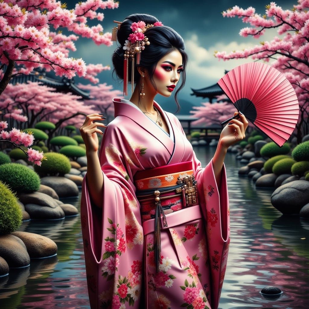 Geisha Warrior with Katana Fan at Koi Pond
