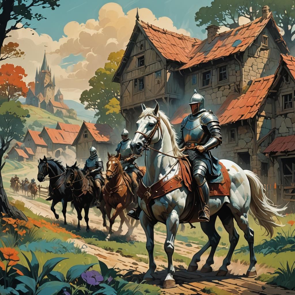 Epic Fantasy Knight Rides Through Farmland