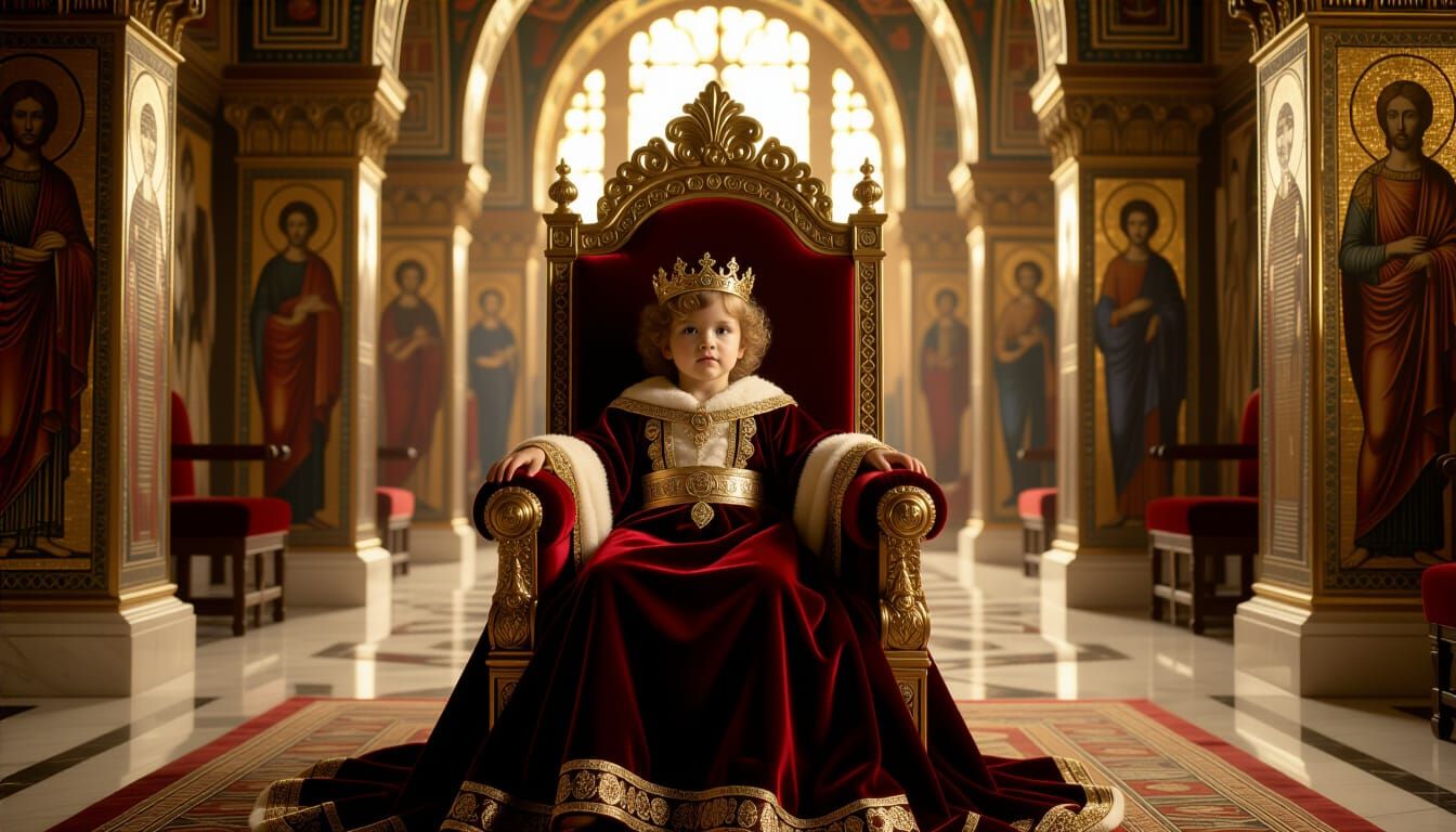 Regal Child in Opulent Throne Room, Baroque Style