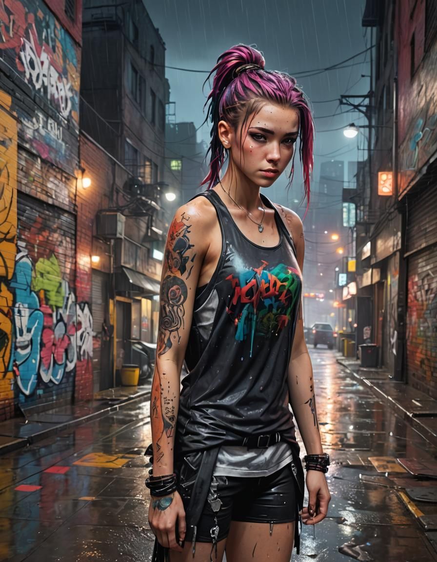 Rainy Night: Girl with Tattoo in Graffiti City