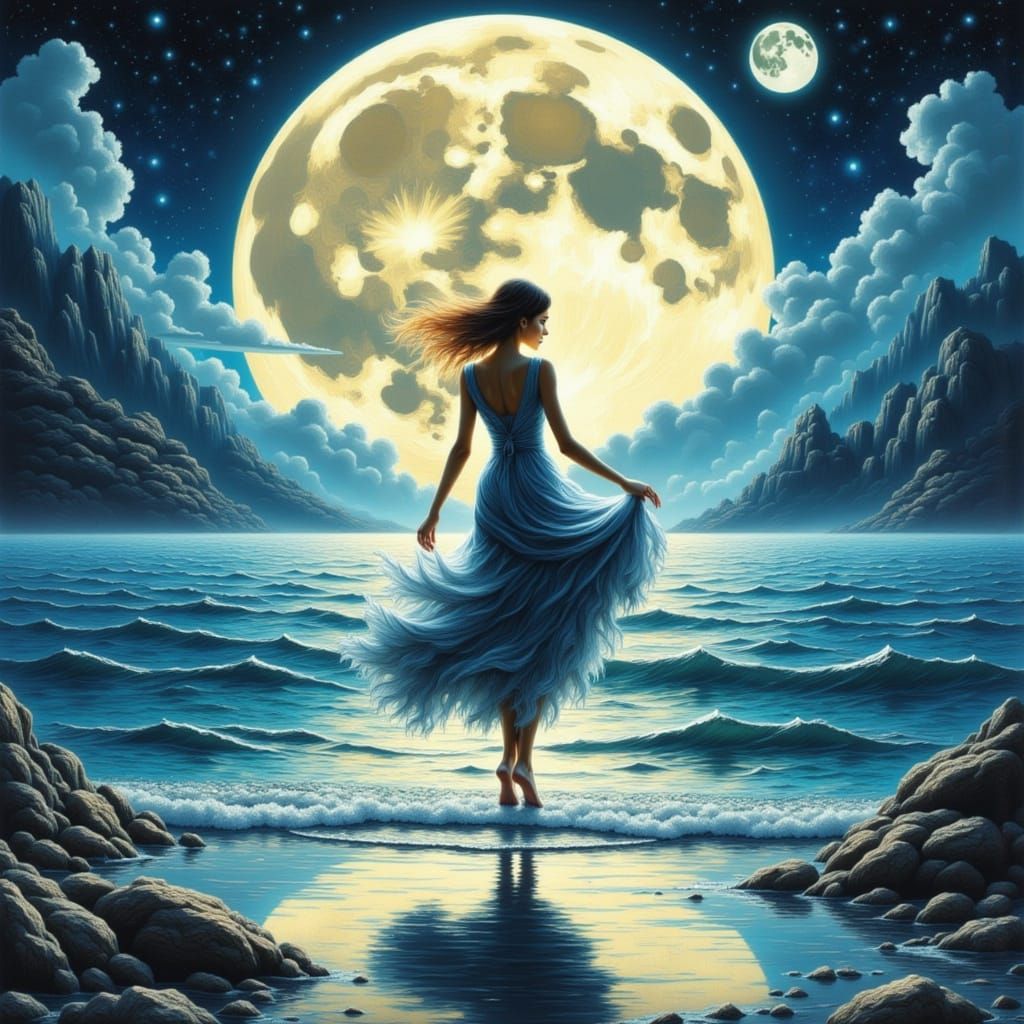 Barefoot Woman Dancing Under Moonlight in Alphonse Mucha Sty...