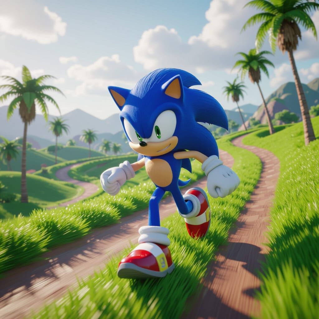 Sonic Runs Through Green Hill Zone: 3D Render