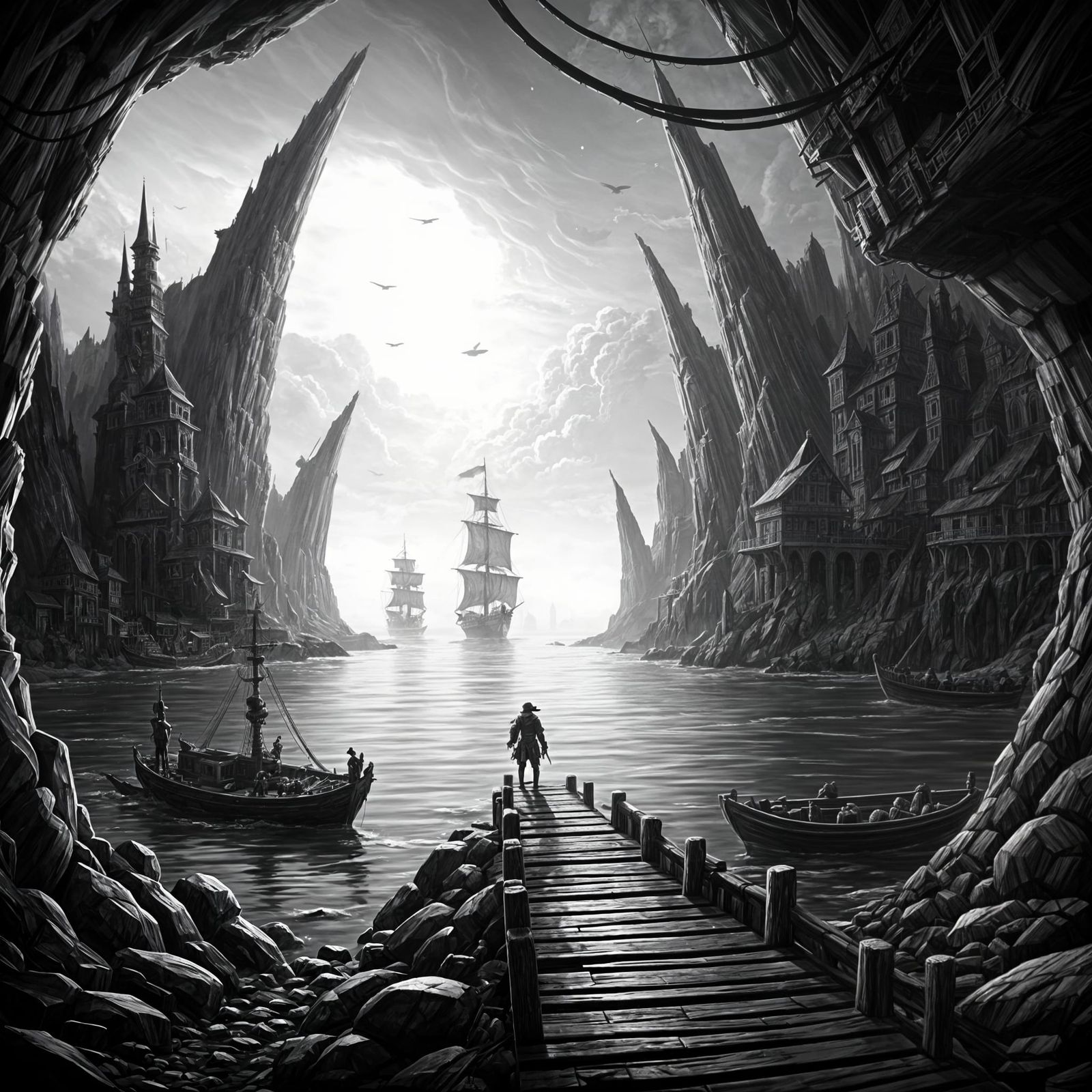 Epic Fantasy Pirate Harbor in Doodle Style