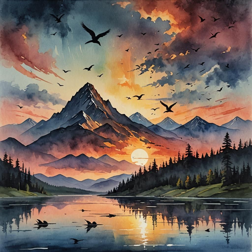 Sunset Mountain Lake in Gouache Style