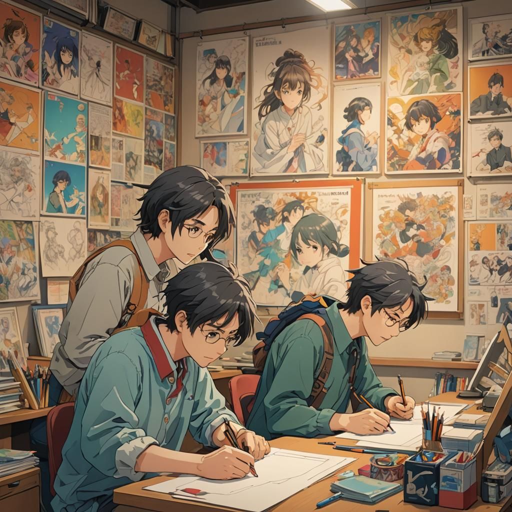 Anime Artists at Work in Vibrant Studio