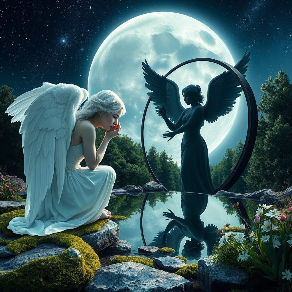 Angelic Reflection: White and Black Angels in Moonlight