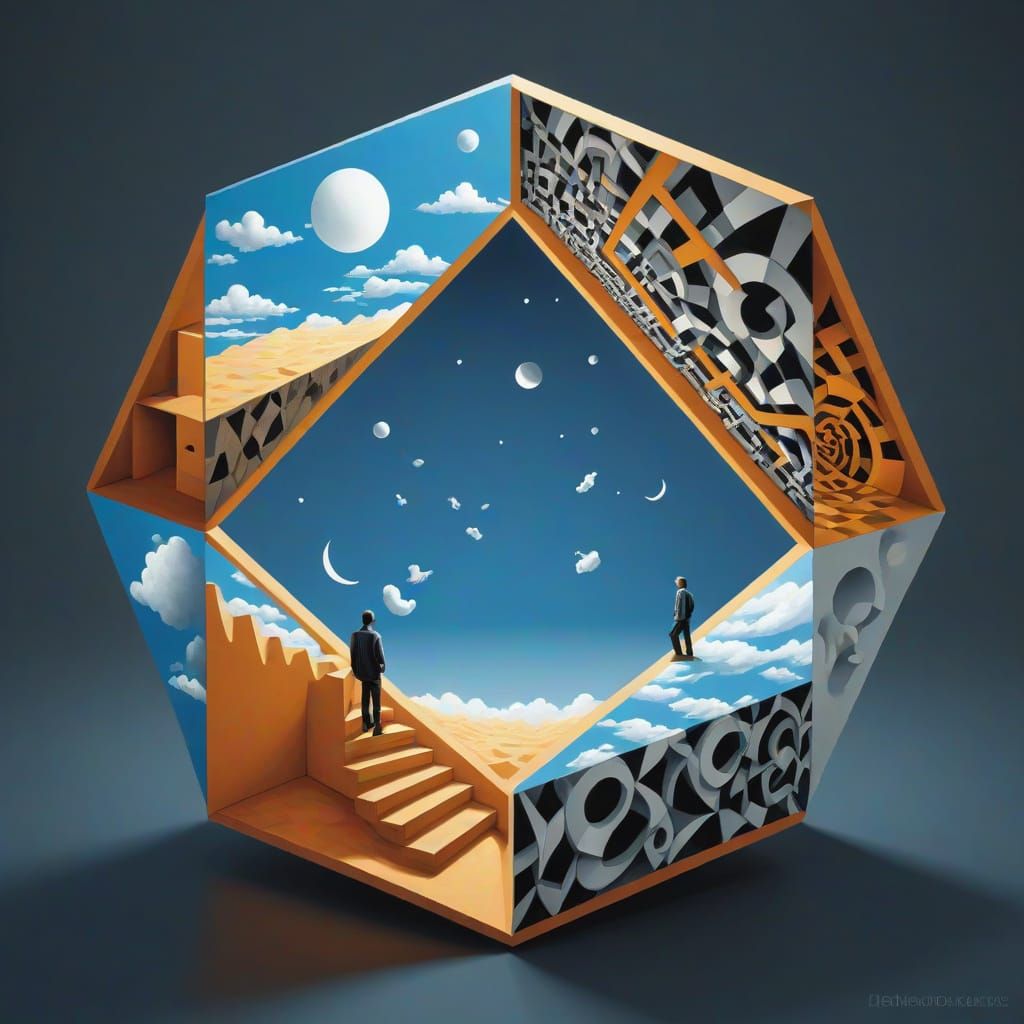 Floating Cube with Fractal Pattern and Droste Effect in Surr...