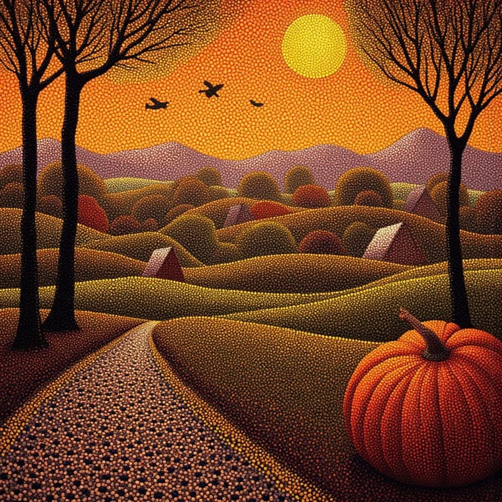 Autumnal Pointillist Pumpkin Patch Illustration